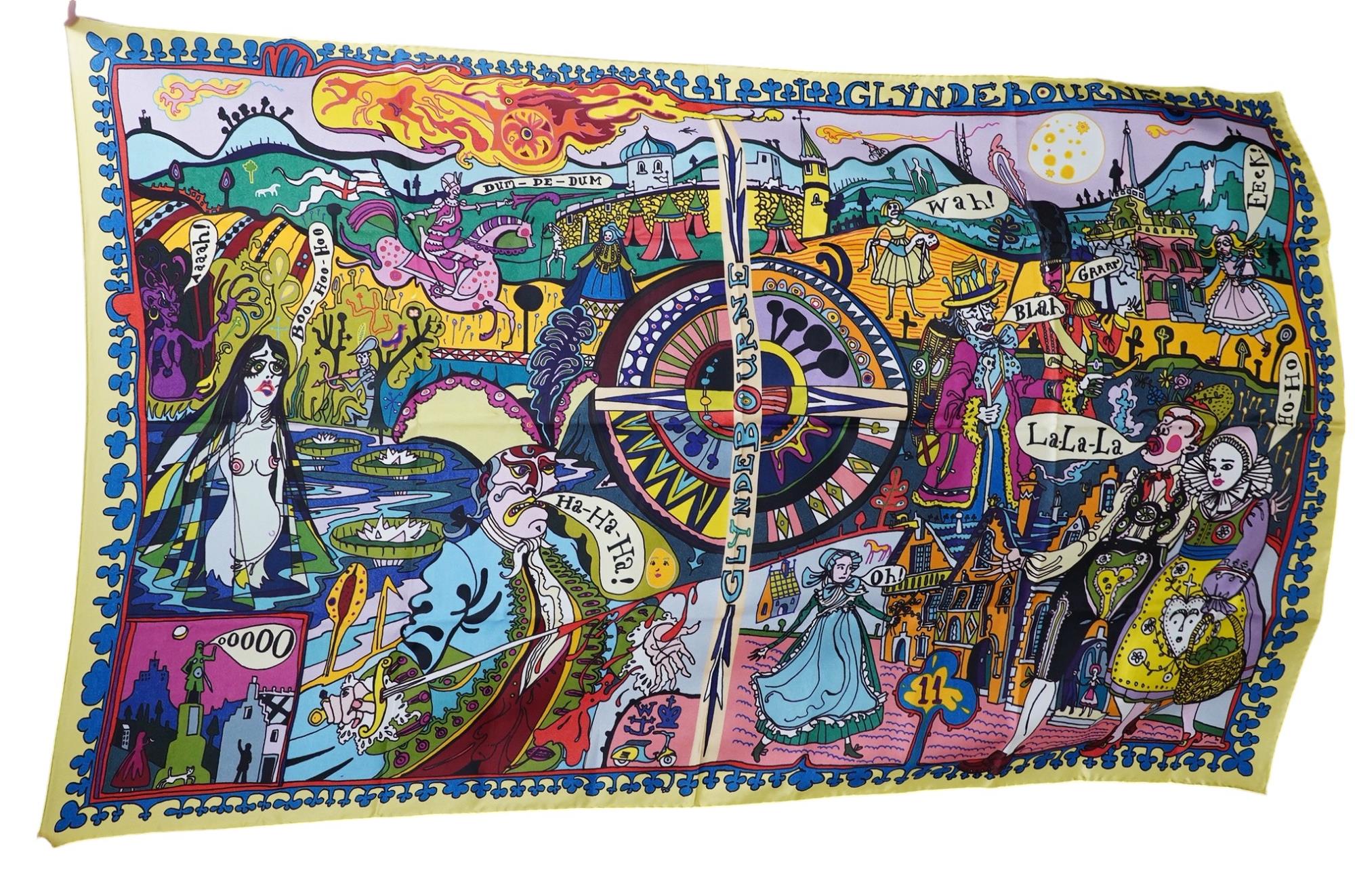 Grayson Perry, silk scarf, ‘Glyndebourne’, printed in Macclesfield with original label, Glyndebourne box and black tissue. Scarf 134cm x 67cm. Condition - scarf is in good condition, the box cover has broken has worn wit